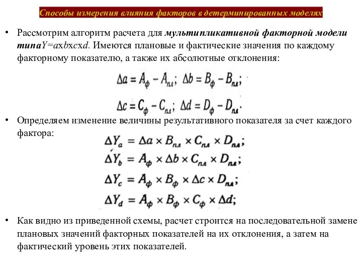 Способы измерения влияния факторов в детерминированных моделях Рассмотрим алгоритм расчета для