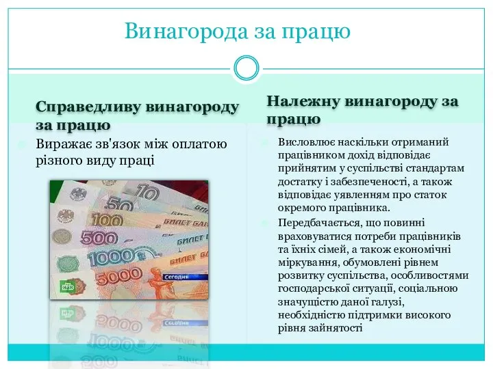 Справедливу винагороду за працю Належну винагороду за працю Виражає зв'язок між