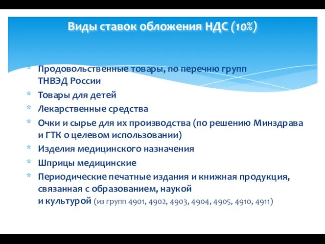 Виды ставок обложения НДС (10%) Продовольственные товары, по перечню групп ТНВЭД