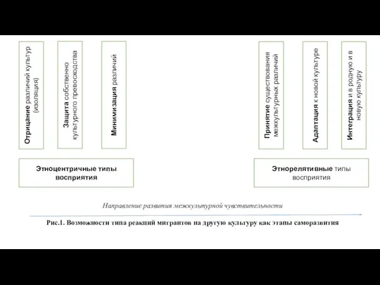 Отрицание различий культур (изоляция) Защита собственно культурного превосходства Минимизация различий Принятие