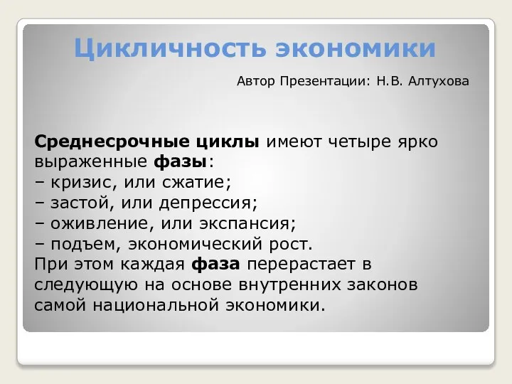 Цикличность экономики Среднесрочные циклы имеют четыре ярко выраженные фазы: – кризис,