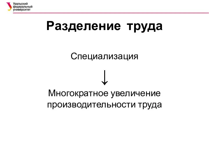 Разделение труда Специализация ↓ Многократное увеличение производительности труда