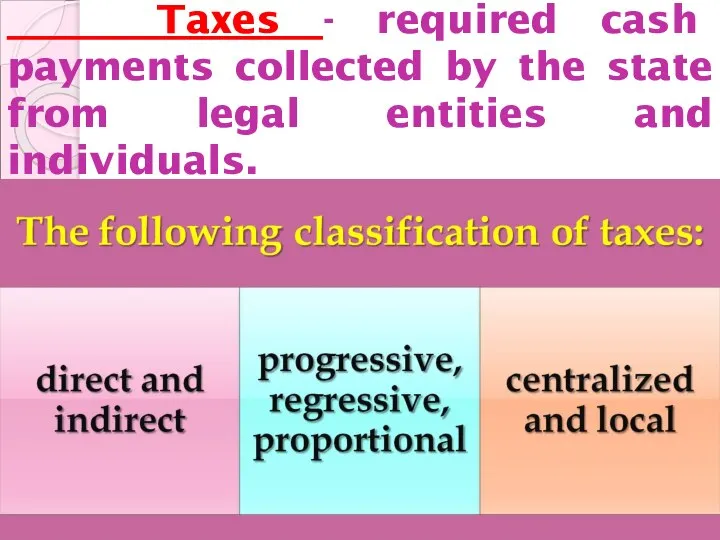 Taxes - required cash payments collected by the state from legal entities and individuals.