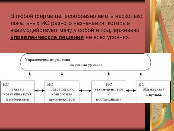 В любой фирме целесообразно иметь несколько локальных ИС разного назначения, которые