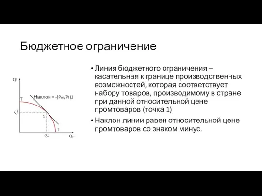 Бюджетное ограничение Линия бюджетного ограничения – касательная к границе производственных возможностей,