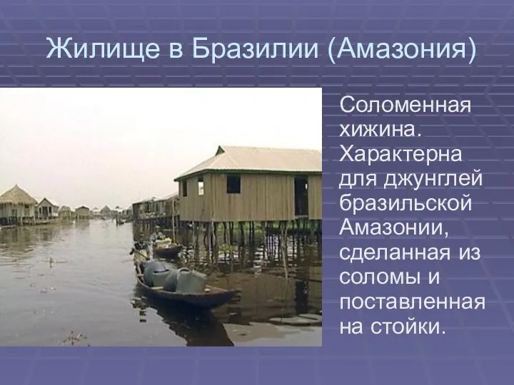 Жилище в Бразилии (Амазония) Соломенная хижина. Характерна для джунглей бразильской Амазонии,