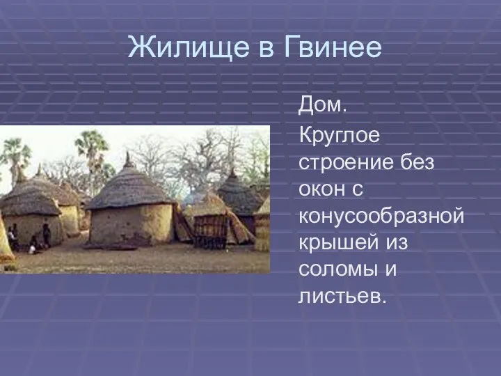 Жилище в Гвинее Дом. Круглое строение без окон с конусообразной крышей из соломы и листьев.