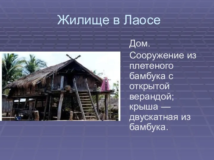 Жилище в Лаосе Дом. Сооружение из плетеного бамбука с открытой верандой; крыша — двускатная из бамбука.