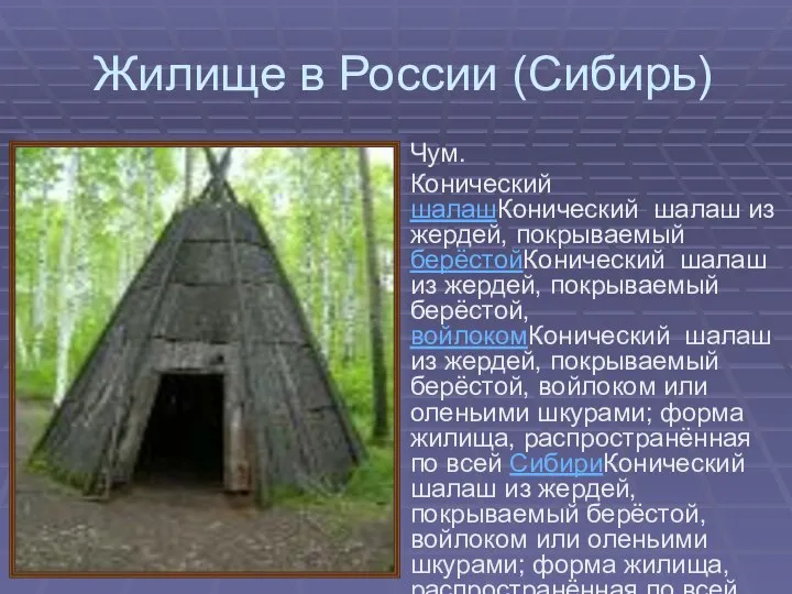 Жилище в России (Сибирь) Чум. Конический шалашКонический шалаш из жердей, покрываемый