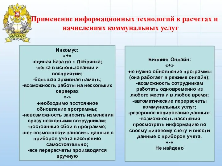 Применение информационных технологий в расчетах и начислениях коммунальных услуг Инкомус: «+»