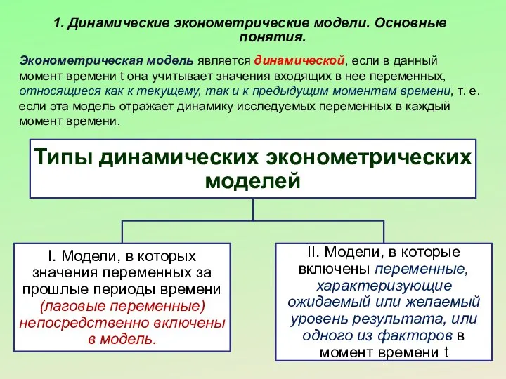 1. Динамические эконометрические модели. Основные понятия. Эконометрическая модель является динамической, если