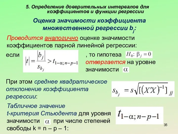 5. Определение доверительных интервалов для коэффициентов и функции регрессии Оценка значимости