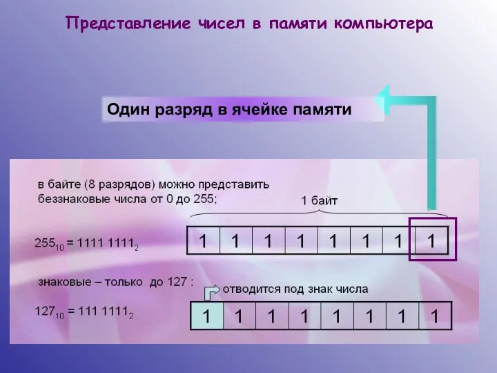 Представление чисел в памяти компьютера Один разряд в ячейке памяти