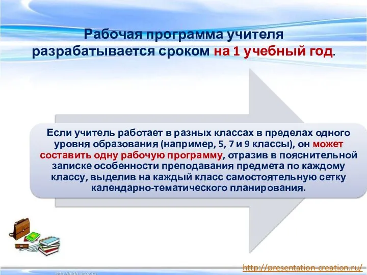 Рабочая программа учителя разрабатывается сроком на 1 учебный год.