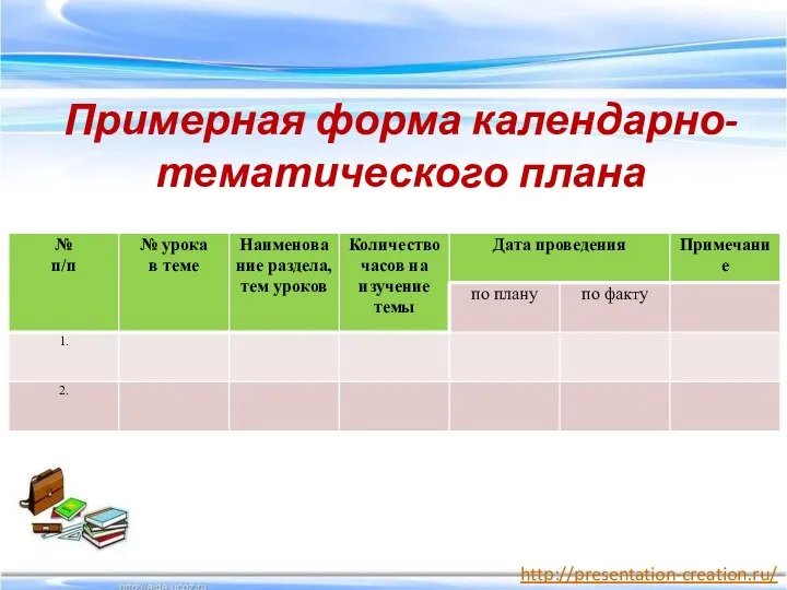 Примерная форма календарно-тематического плана