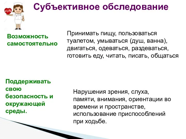 Поддерживать свою безопасность и окружающей среды. Нарушения зрения, слуха, памяти, внимания,