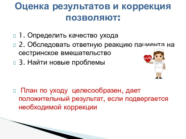 1. Определить качество ухода 2. Обследовать ответную реакцию пациента на сестринское