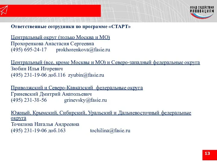 Ответственные сотрудники по программе «СТАРТ» Центральный округ (только Москва и МО)