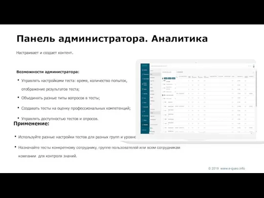 Возможности администратора: Управлять настройками теста: время, количество попыток, отображение результатов теста;