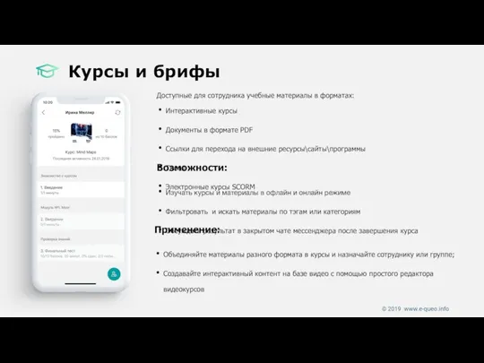 Курсы и брифы Доступные для сотрудника учебные материалы в форматах: Возможности: