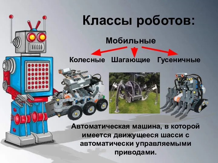Классы роботов: Мобильные Автоматическая машина, в которой имеется движущееся шасси с