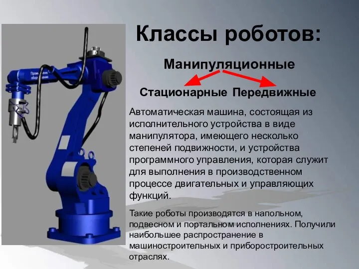 Классы роботов: Манипуляционные Автоматическая машина, состоящая из исполнительного устройства в виде