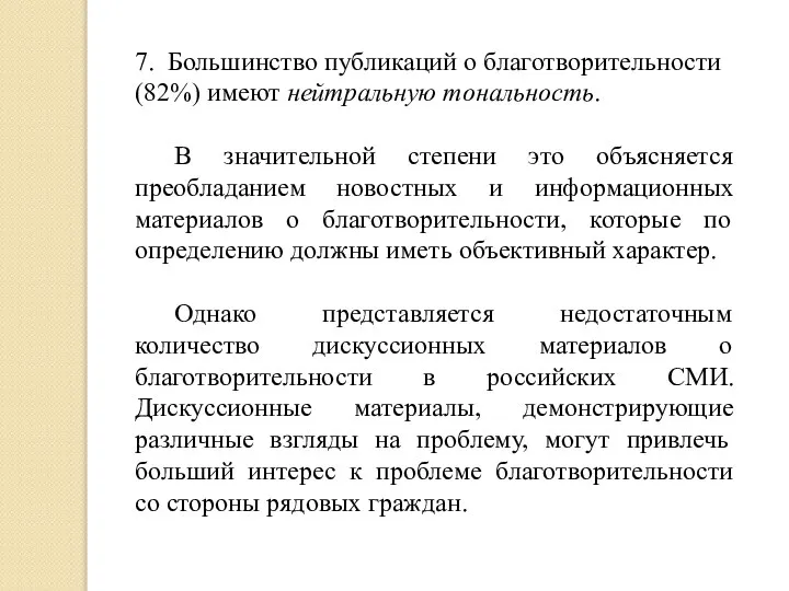 7. Большинство публикаций о благотворительности (82%) имеют нейтральную тональность. В значительной