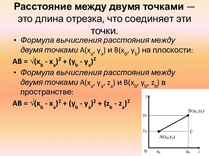 Расстояние между двумя точками — это длина отрезка, что соединяет эти