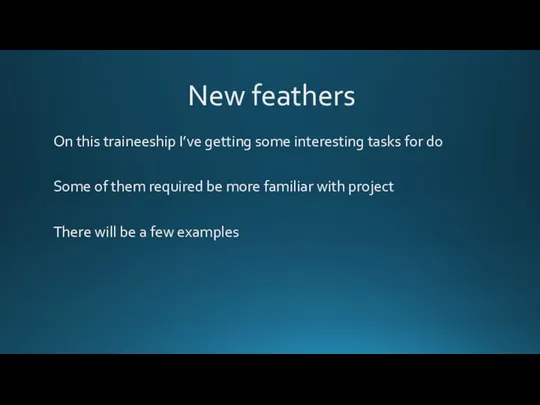 New feathers On this traineeship I’ve getting some interesting tasks for