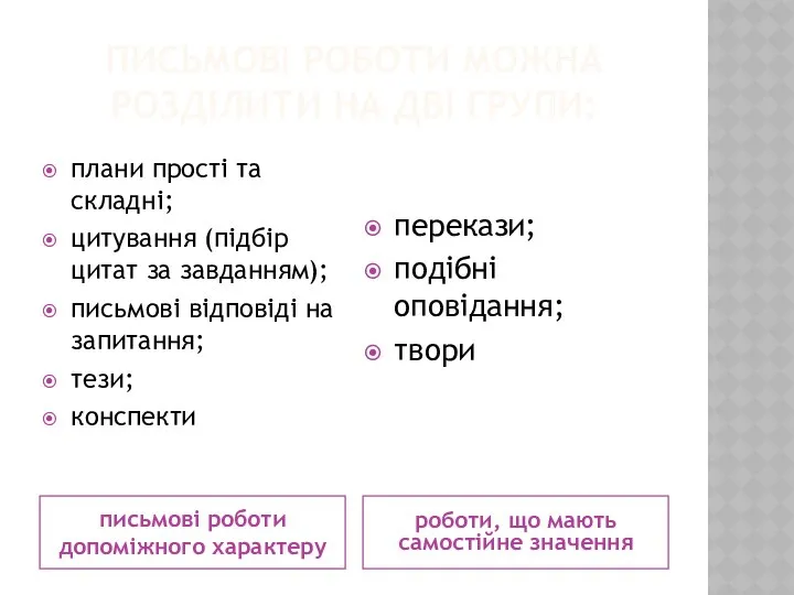 ПИСЬМОВІ РОБОТИ МОЖНА РОЗДІЛИТИ НА ДВІ ГРУПИ: письмові роботи допоміжного характеру