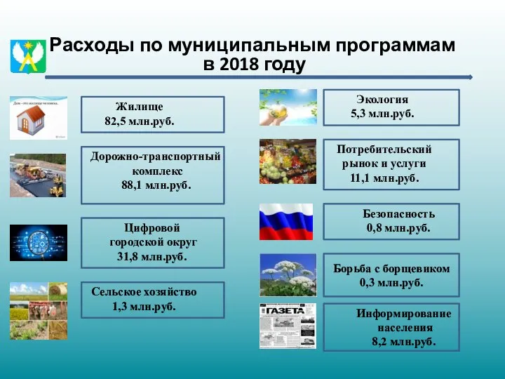 Борьба с борщевиком 0,3 млн.руб. Жилище 82,5 млн.руб. Дорожно-транспортный комплекс 88,1