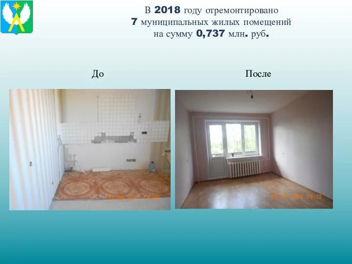 В 2018 году отремонтировано 7 муниципальных жилых помещений на сумму 0,737 млн. руб. До После