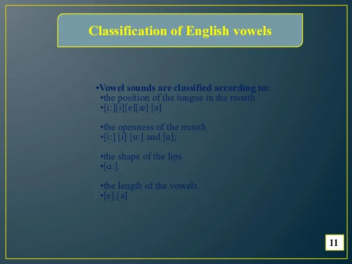 Classification of English vowels Vowel sounds are classified according to: the