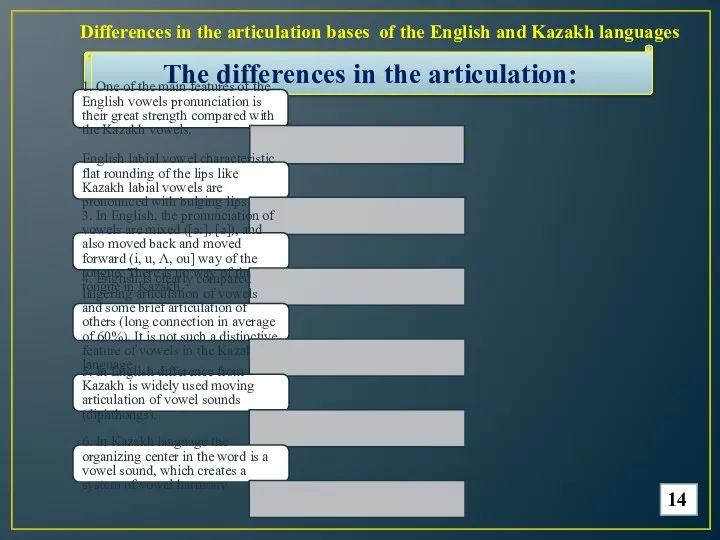 14 The differences in the articulation: 1. One of the main