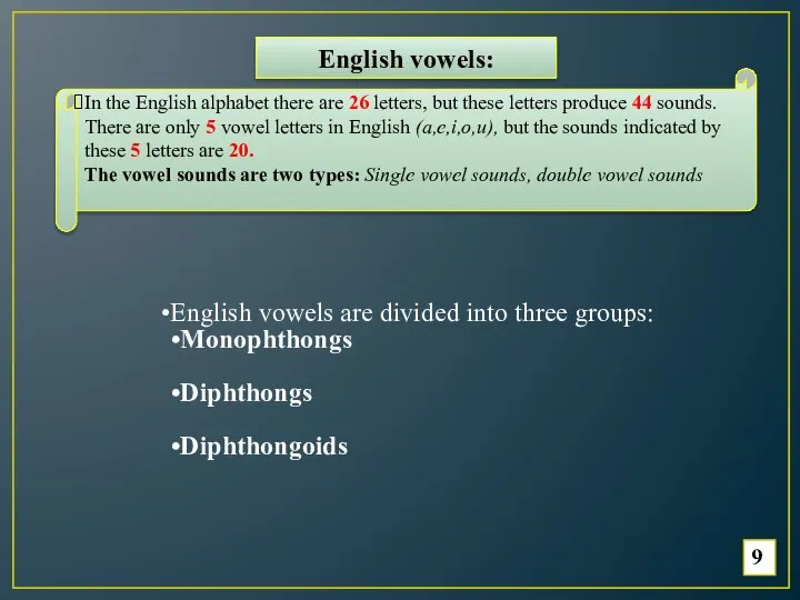 9 English vowels are divided into three groups: Monophthongs Diphthongs Diphthongoids
