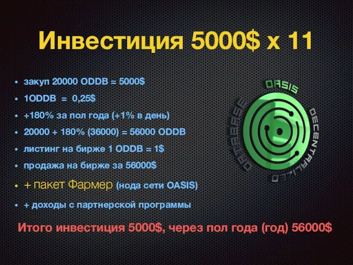 Инвестиция 5000$ х 11 закуп 20000 ODDB = 5000$ 1ODDB =