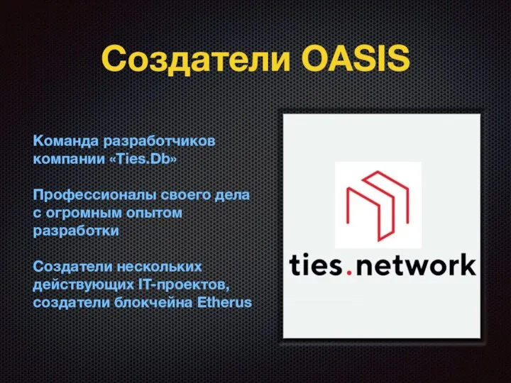 Создатели OASIS Команда разработчиков компании «Ties.Db» Профессионалы своего дела с огромным