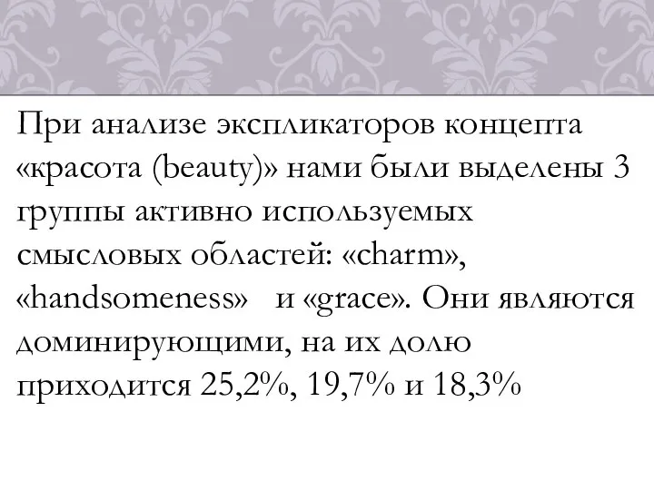 При анализе экспликаторов концепта «красота (beauty)» нами были выделены 3 группы