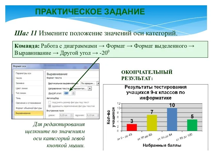 ПРАКТИЧЕСКОЕ ЗАДАНИЕ Шаг 11 Измените положение значений оси категорий. Команда: Работа