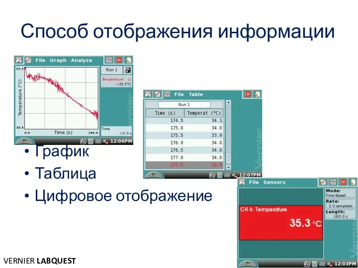 Способ отображения информации График Таблица Цифровое отображение VERNIER LABQUEST