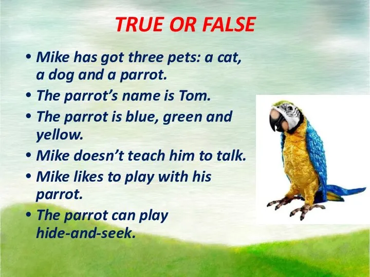 TRUE OR FALSE Mike has got three pets: a cat, a