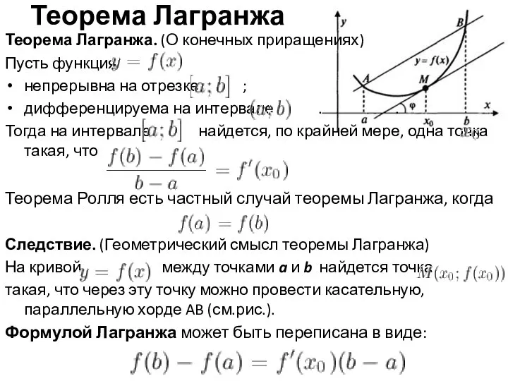 Теорема Лагранжа Теорема Лагранжа. (О конечных приращениях) Пусть функция непрерывна на