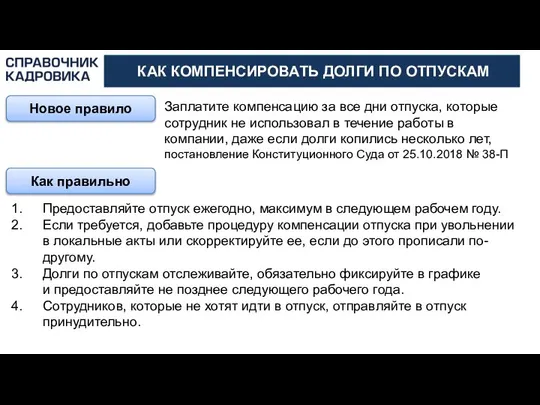 АКТИОН-МЦФЭР КАК КОМПЕНСИРОВАТЬ ДОЛГИ ПО ОТПУСКАМ Новое правило Заплатите компенсацию за