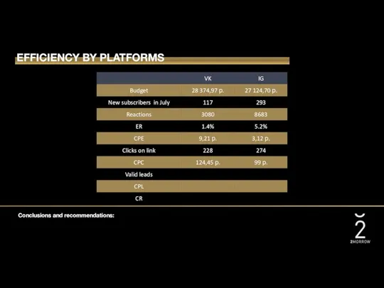 Conclusions and recommendations: EFFICIENCY BY PLATFORMS