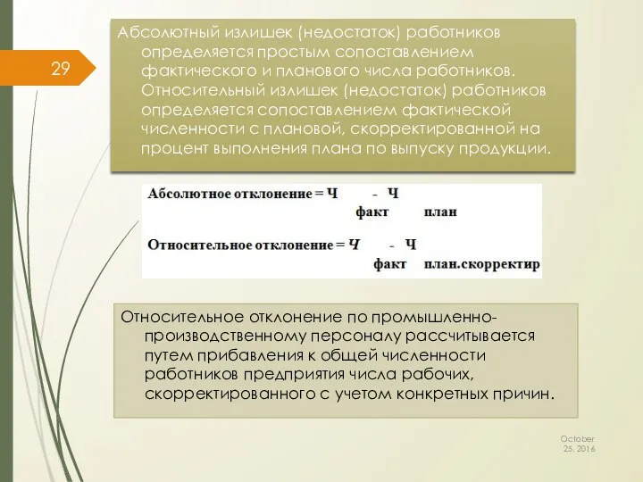 Абсолютный излишек (недостаток) работников определяется простым сопоставлением фактического и планового числа