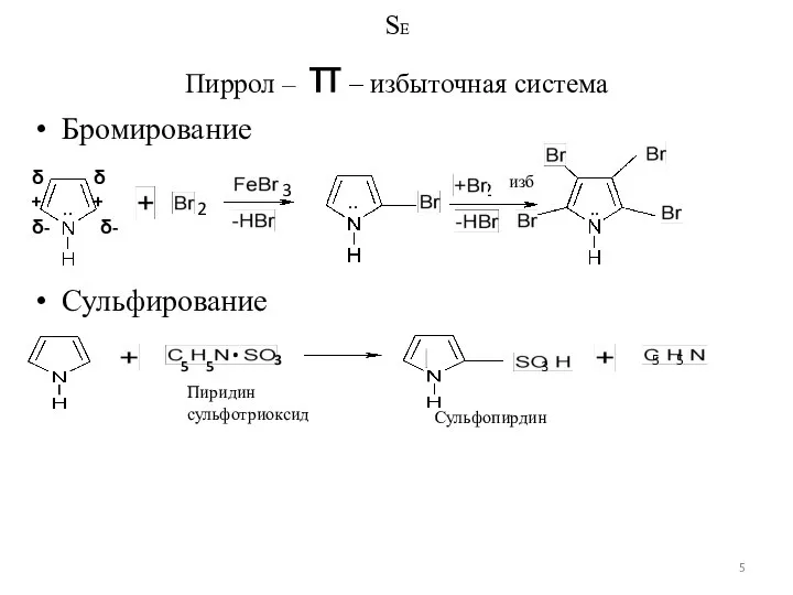 SЕ Пиррол – π – избыточная система Бромирование Сульфирование 2 2