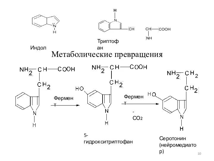 Метаболические превращения Фермент Фермент -СО2 5-гидрокситриптофан Серотонин (нейромедиатор) Индол Триптофан