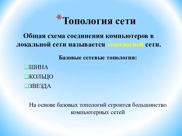 Топология сети Общая схема соединения компьютеров в локальной сети называется топологией