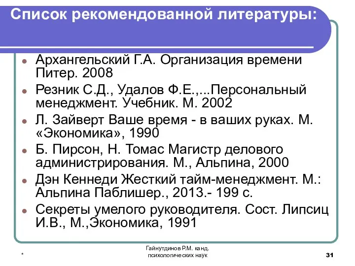 * Гайнутдинов Р.М. канд. психологических наук Список рекомендованной литературы: Архангельский Г.А.