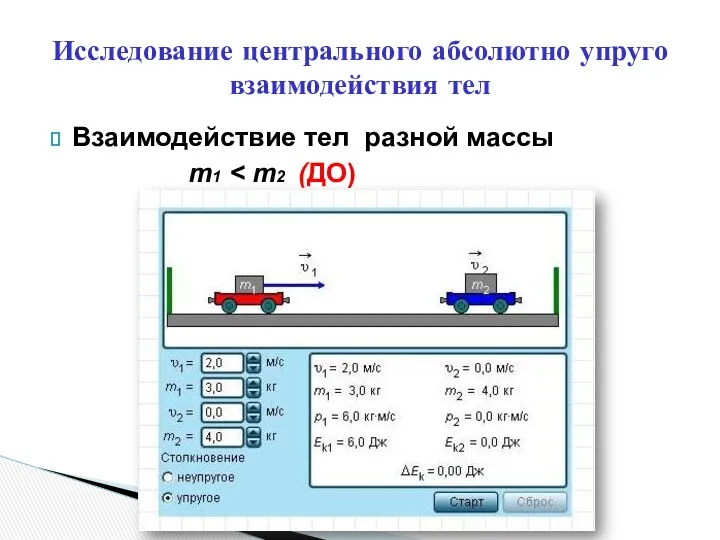 Взаимодействие тел разной массы m1 Исследование центрального абсолютно упруго взаимодействия тел